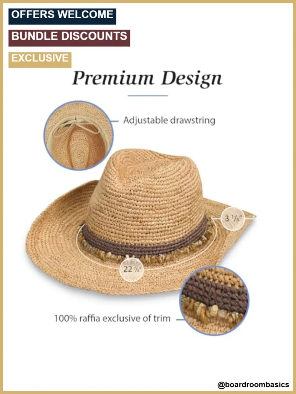 Women's Raffia Straw Cowboy Hat Wide Brim Adjustable Sun Protection